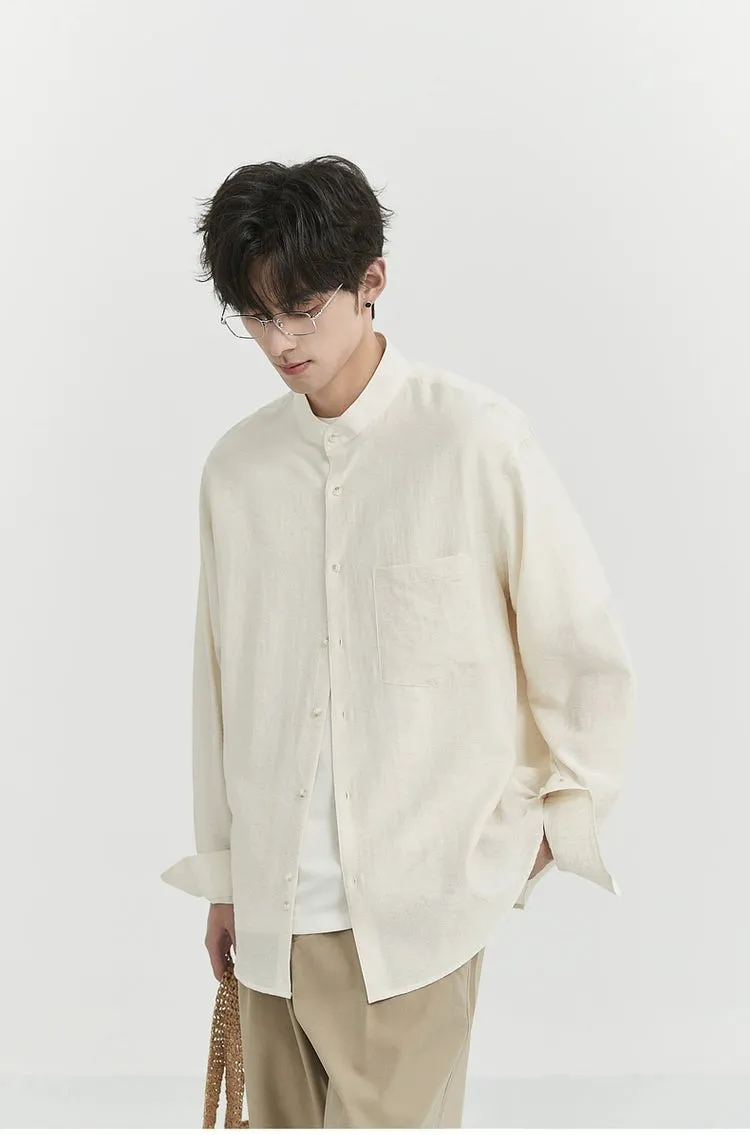 Oversized Linen Long Sleeve Shirt with Grandad Collar