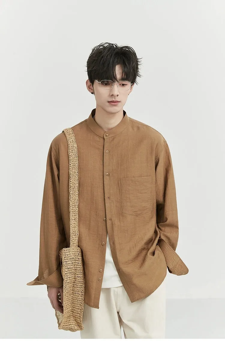 Oversized Linen Long Sleeve Shirt with Grandad Collar