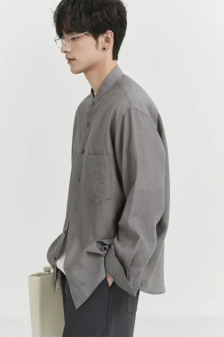 Oversized Linen Long Sleeve Shirt with Grandad Collar