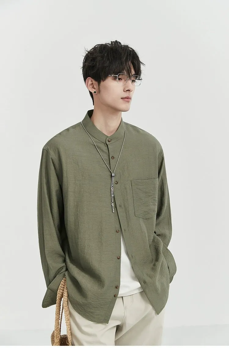 Oversized Linen Long Sleeve Shirt with Grandad Collar