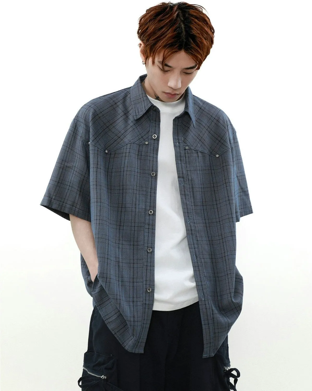 Oversized Plaid Button-Up Short Sleeve Shirt