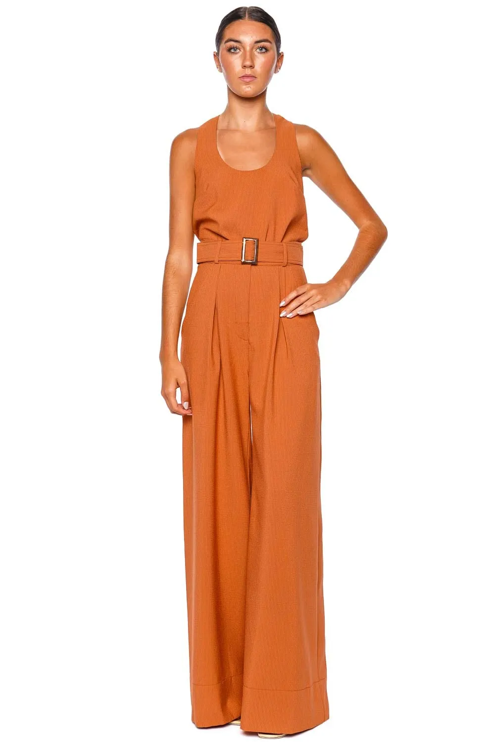 Pumpkin Seersucker Wide Leg Pleated Pant