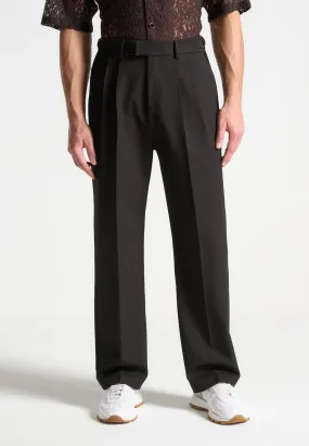 Relaxed Fit Textured Twin Pleat Tailored Trousers - Brown