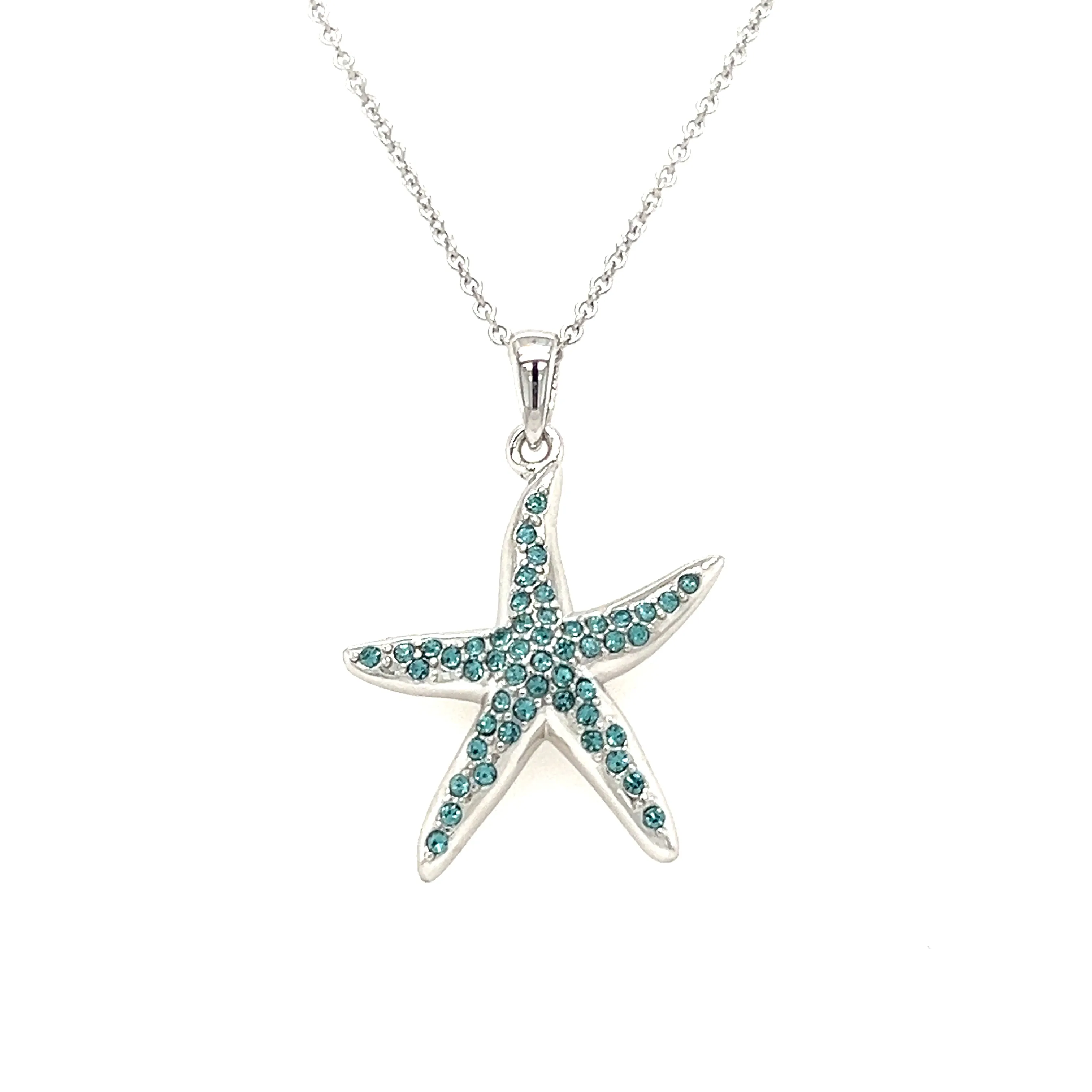 Starfish Necklace with Aquamarine Crystals in Sterling Silver