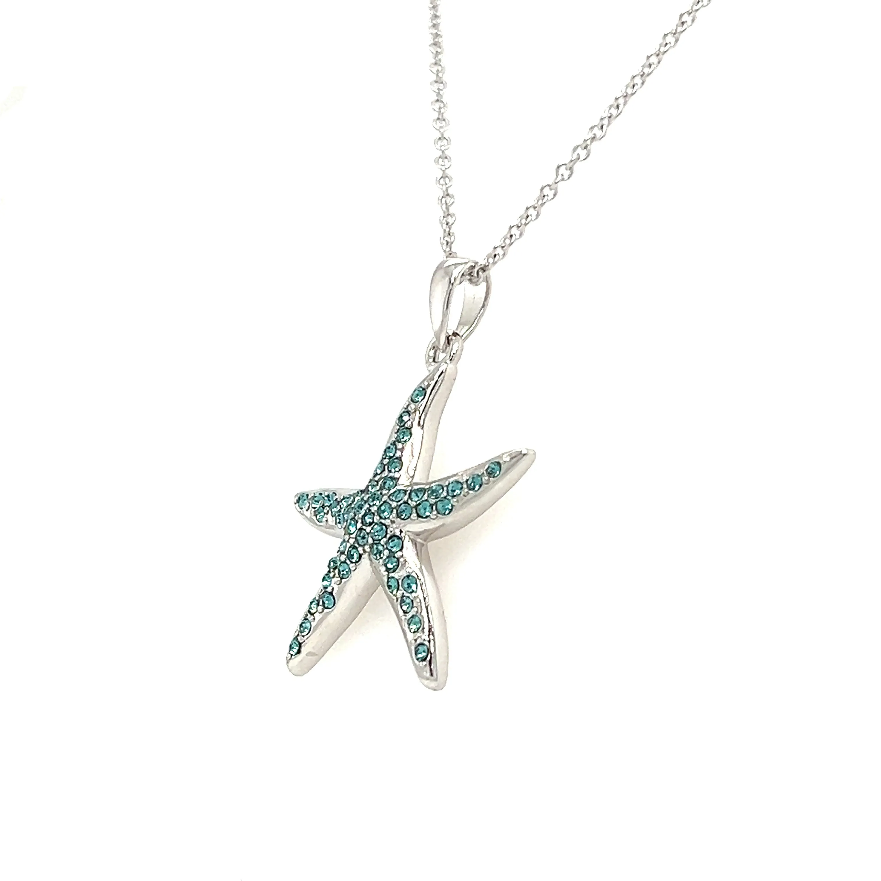 Starfish Necklace with Aquamarine Crystals in Sterling Silver