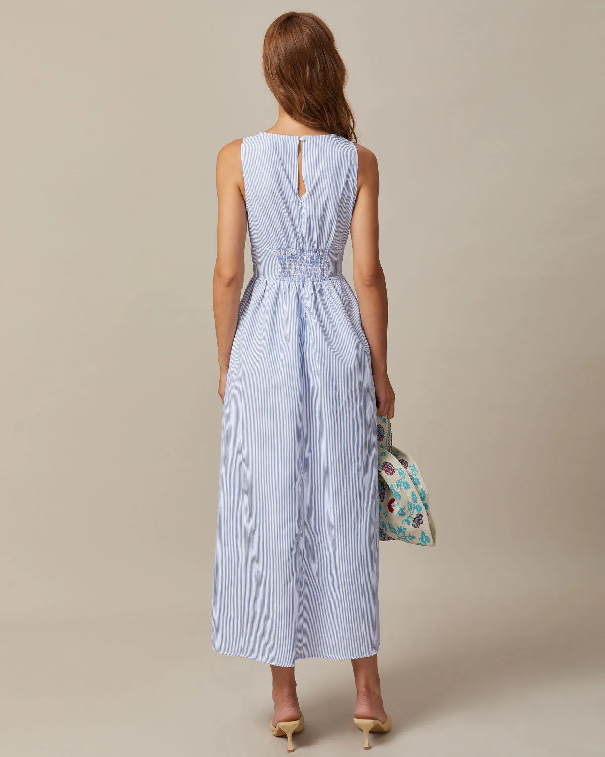 The Blue V Neck Shirred Striped Maxi Dress