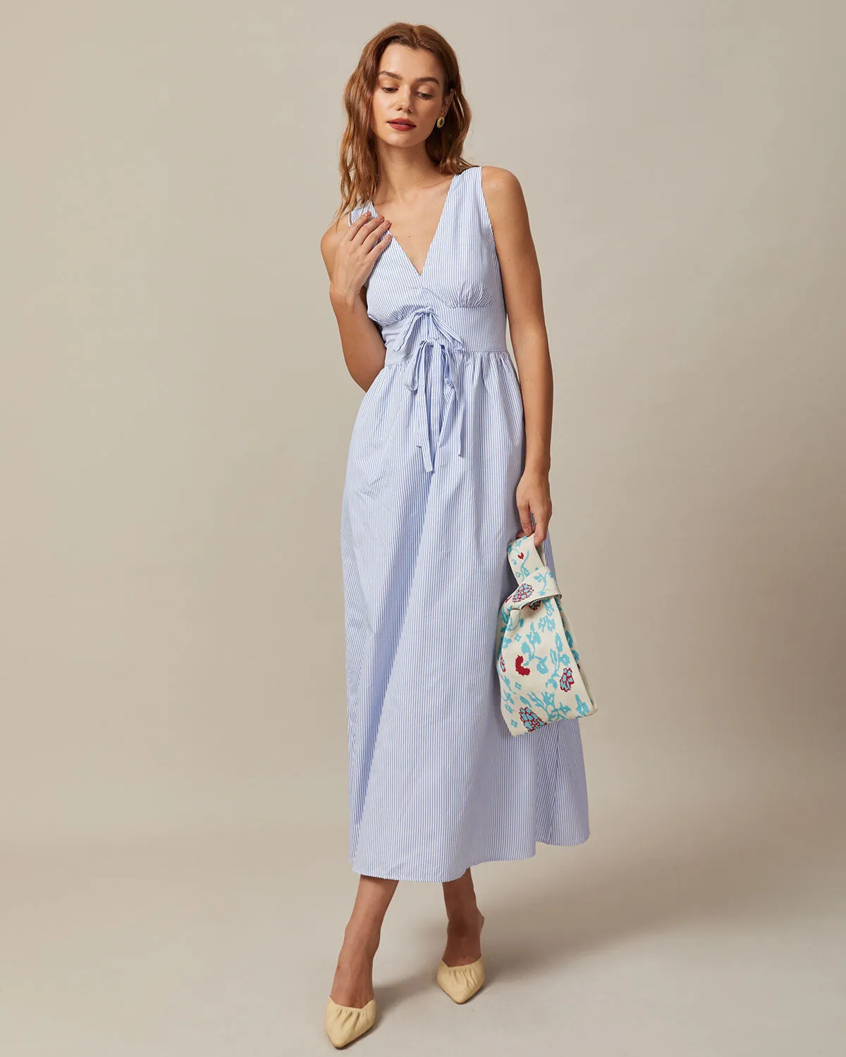 The Blue V Neck Shirred Striped Maxi Dress