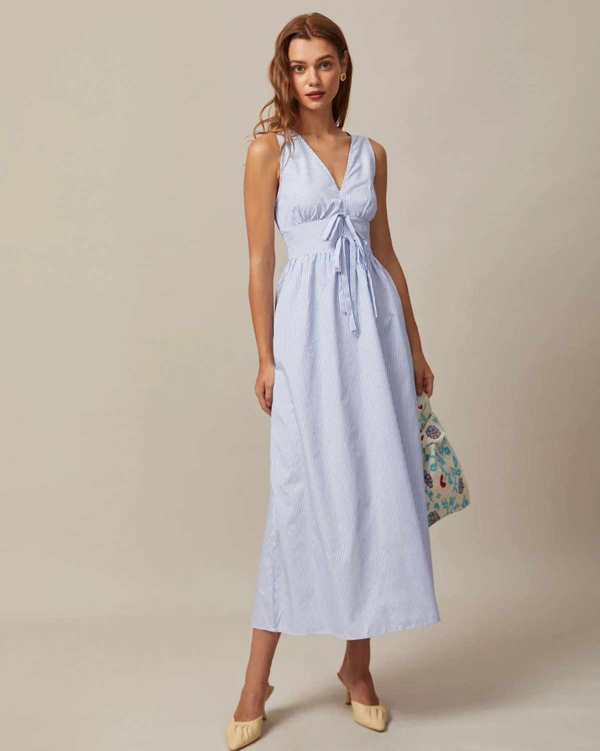 The Blue V Neck Shirred Striped Maxi Dress