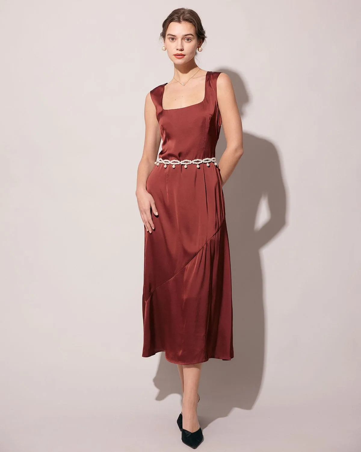 The Coffee Square Neck Sleeveless Satin Midi Dress