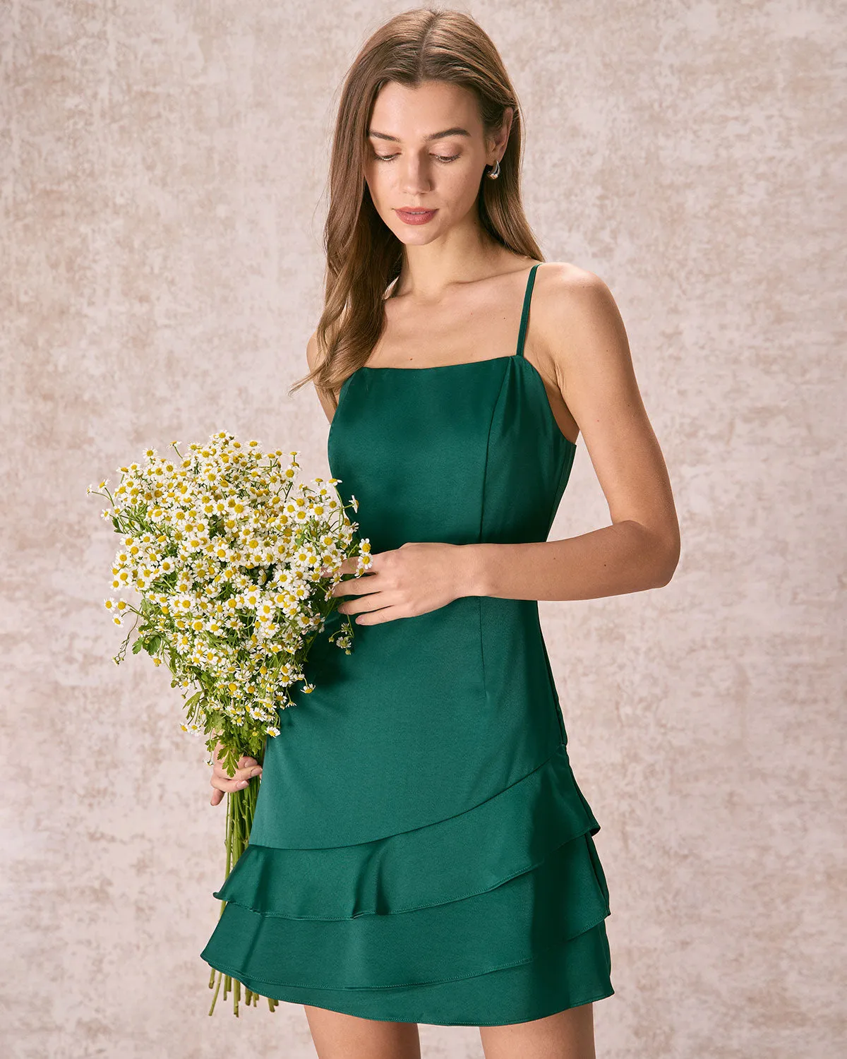 The Green Satin Ruffle Hem Slip Mini Dress