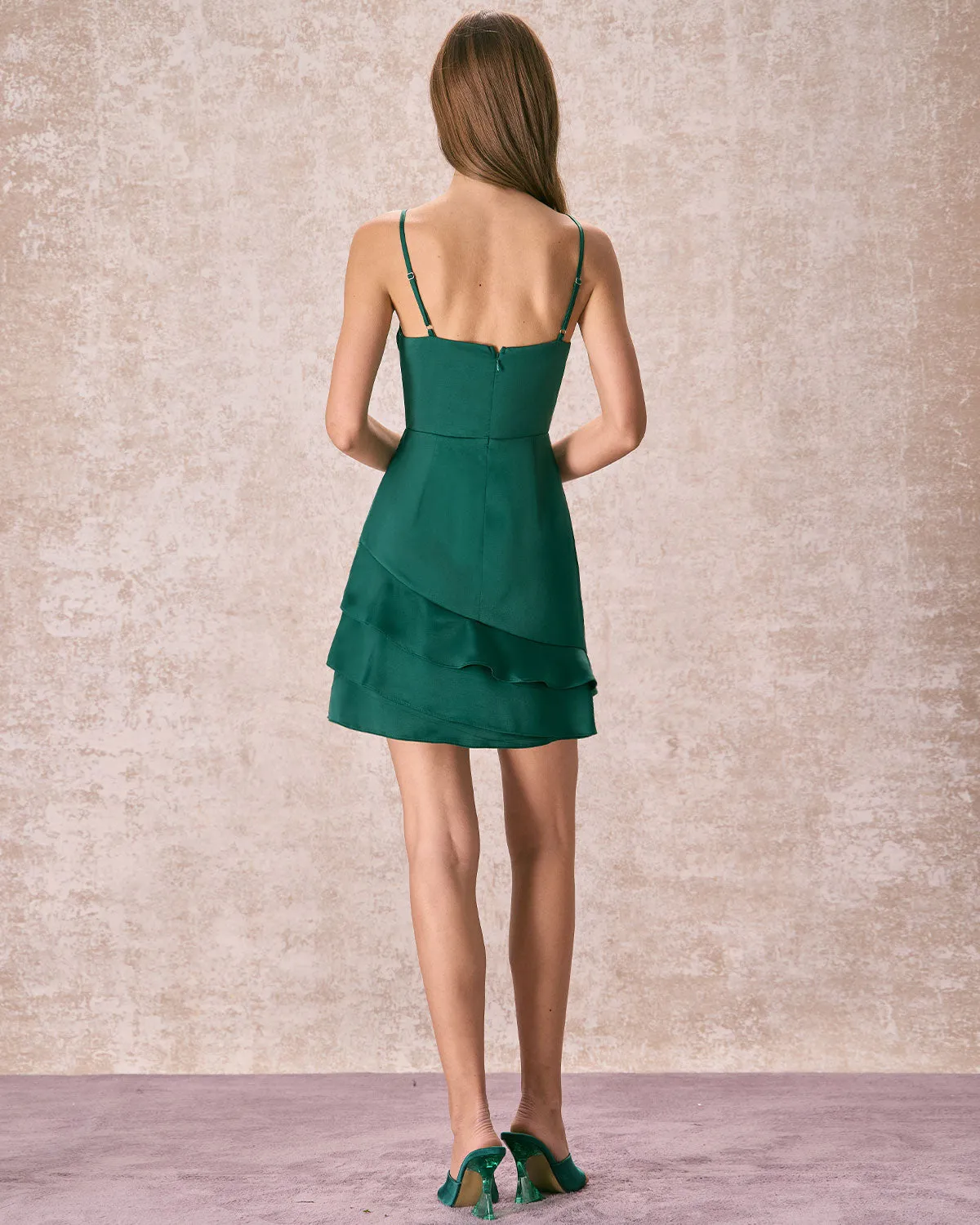 The Green Satin Ruffle Hem Slip Mini Dress