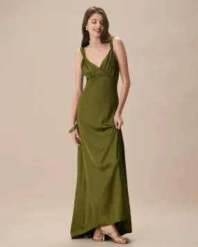 The Green V Neck Ruched Satin Maxi Dress