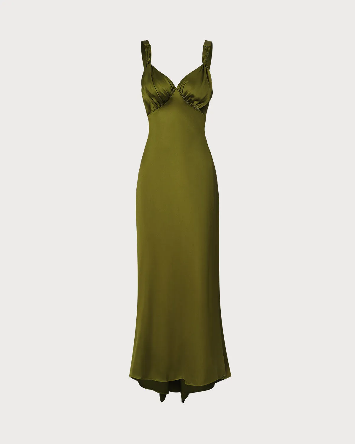 The Green V Neck Ruched Satin Maxi Dress