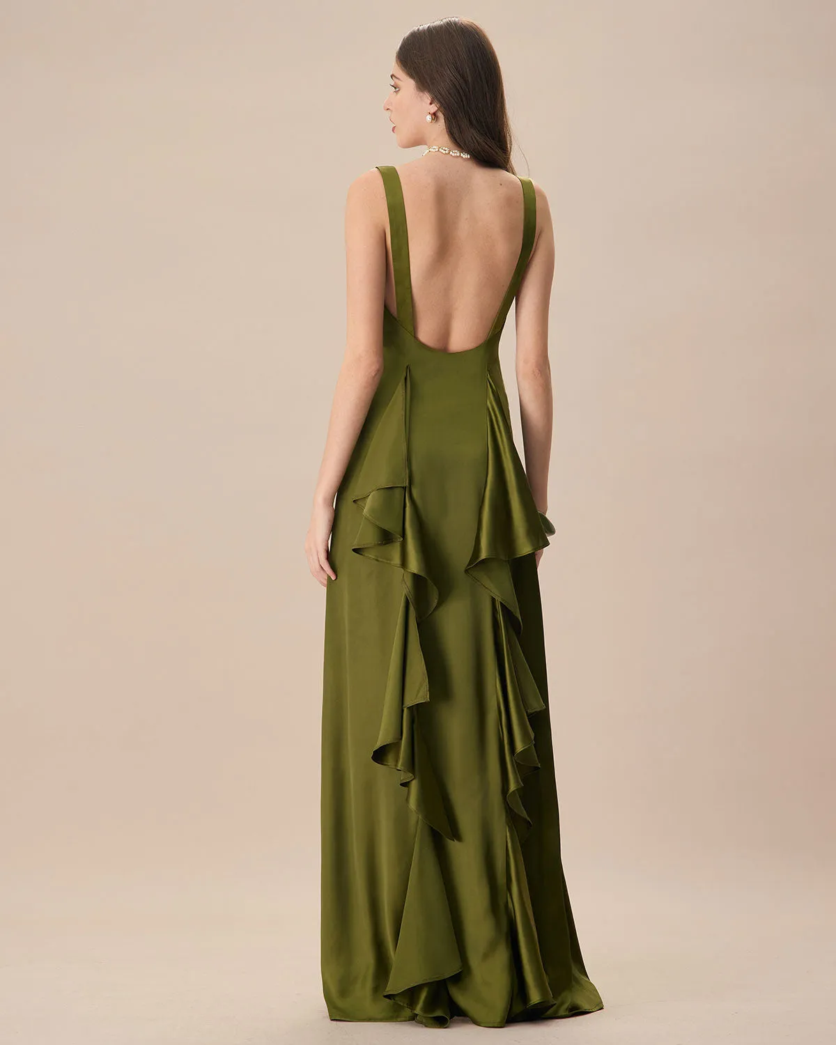 The Green V Neck Ruched Satin Maxi Dress