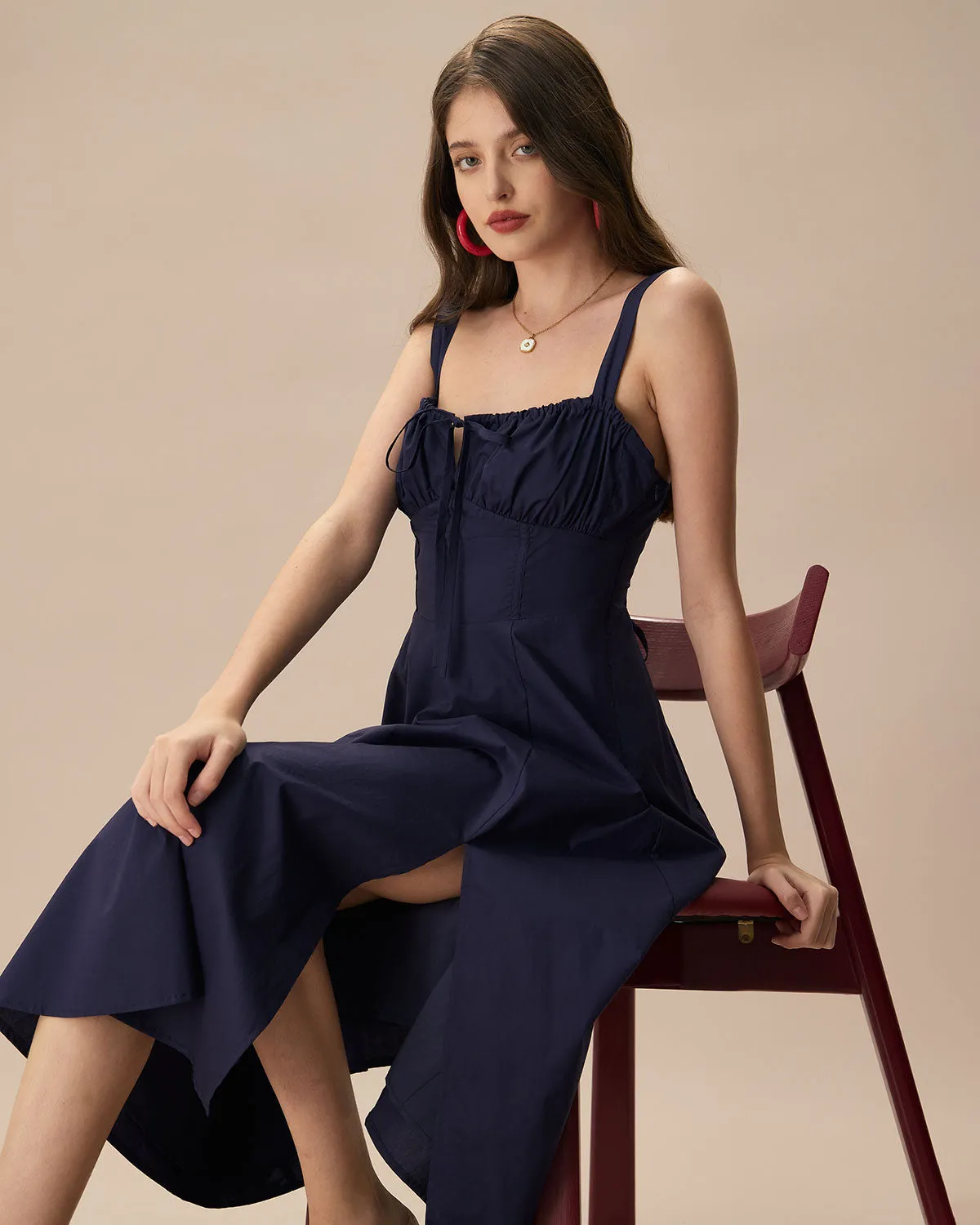 The Navy Square Neck Ruched Slip Midi Dress