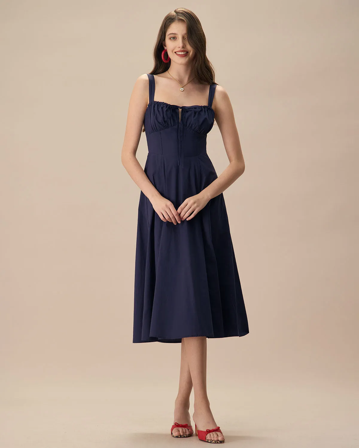 The Navy Square Neck Ruched Slip Midi Dress