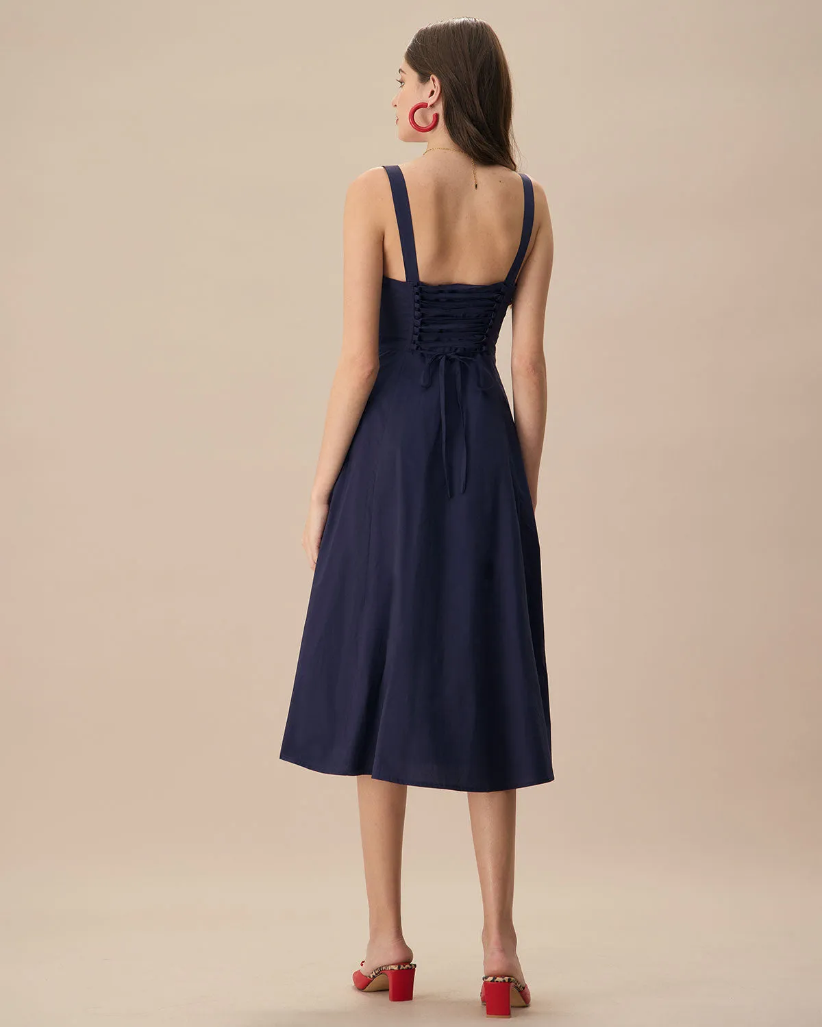 The Navy Square Neck Ruched Slip Midi Dress