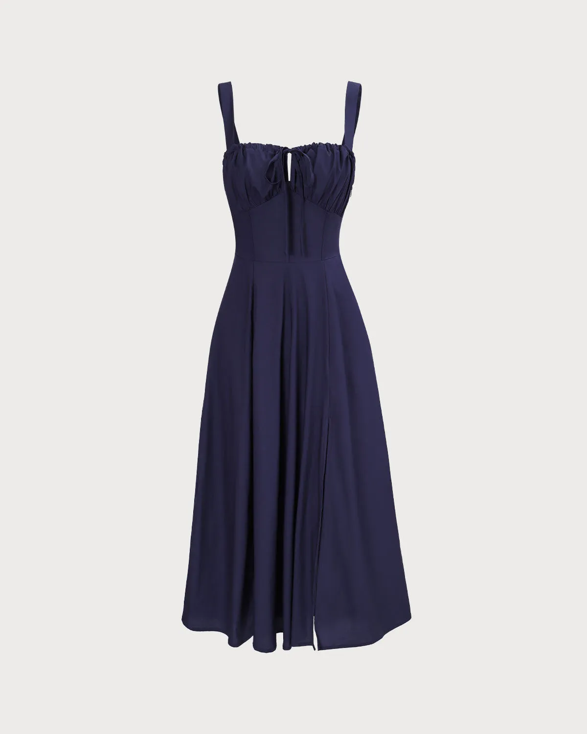 The Navy Square Neck Ruched Slip Midi Dress