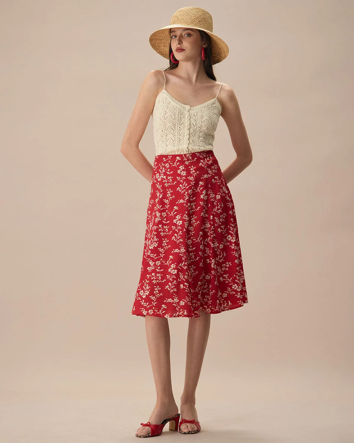 The Red High-Waisted Floral Midi Skirt