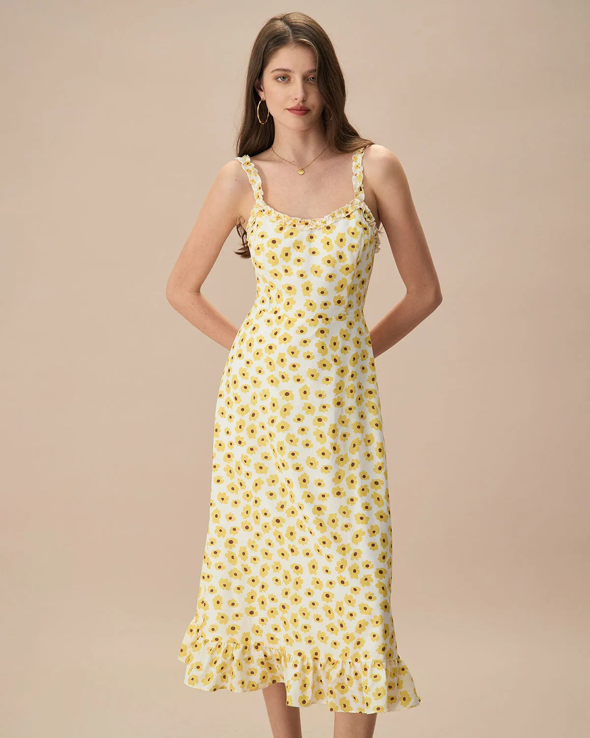 The Yellow Daisy Ruffle Slip Midi Dress