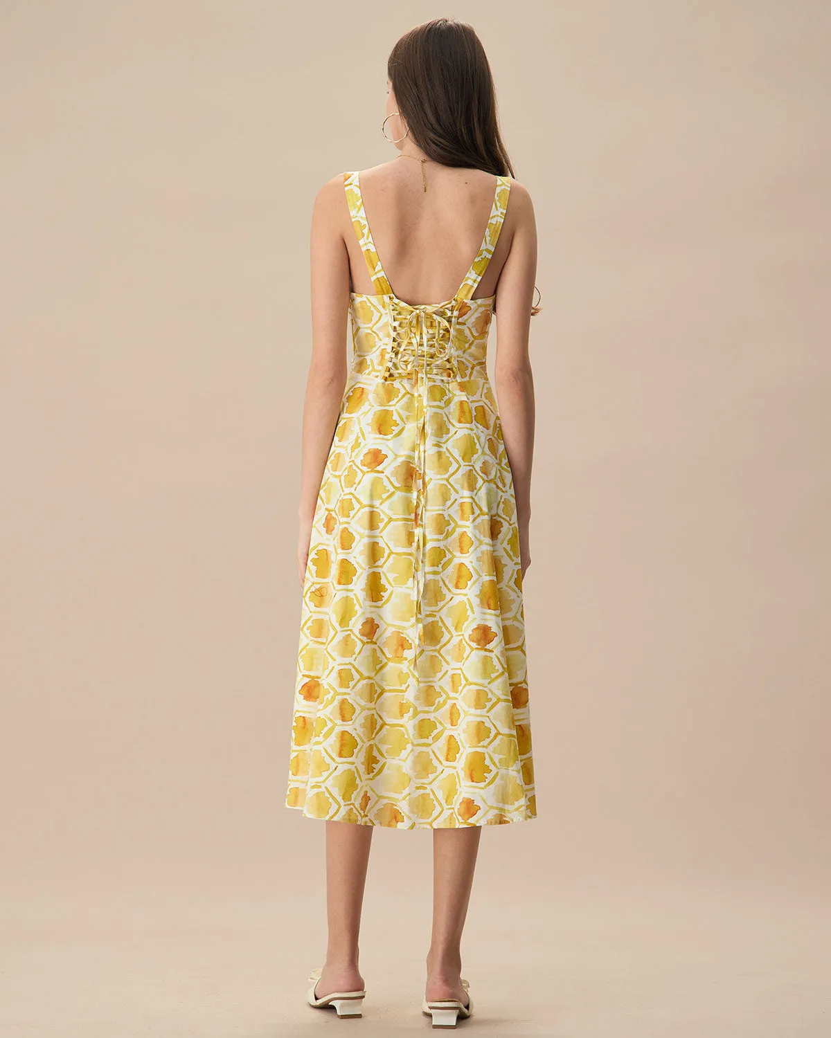 The Yellow Square Neck Floral Cotton Midi Dress