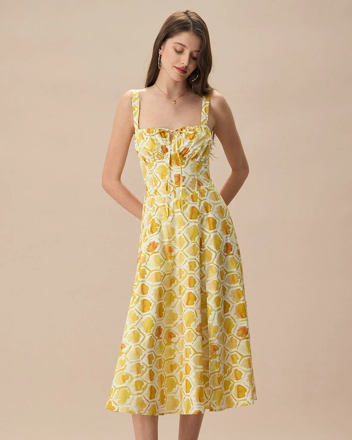 The Yellow Square Neck Floral Cotton Midi Dress