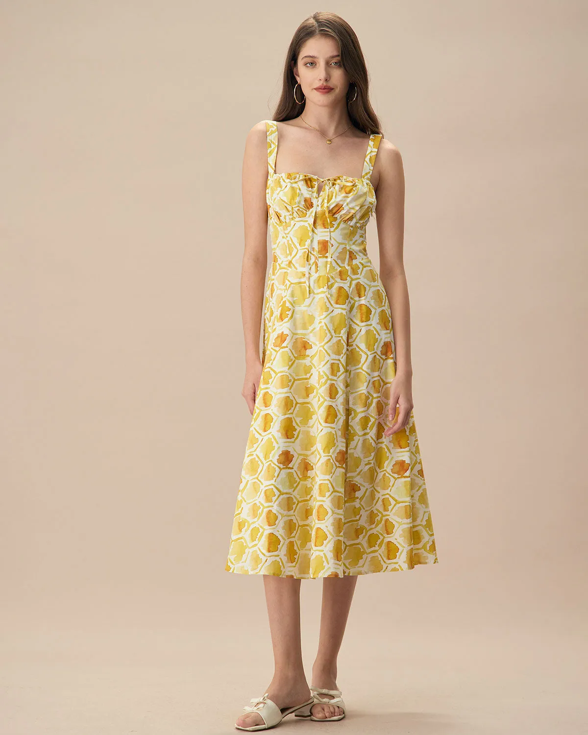 The Yellow Square Neck Floral Cotton Midi Dress