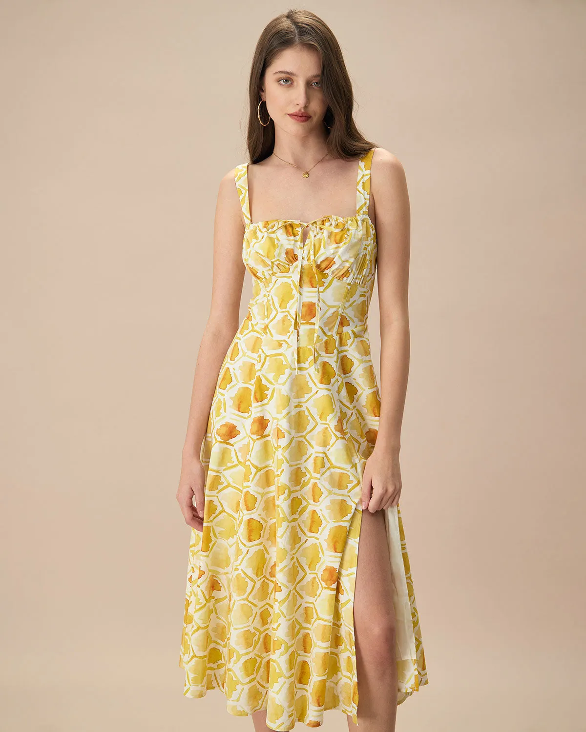 The Yellow Square Neck Floral Cotton Midi Dress