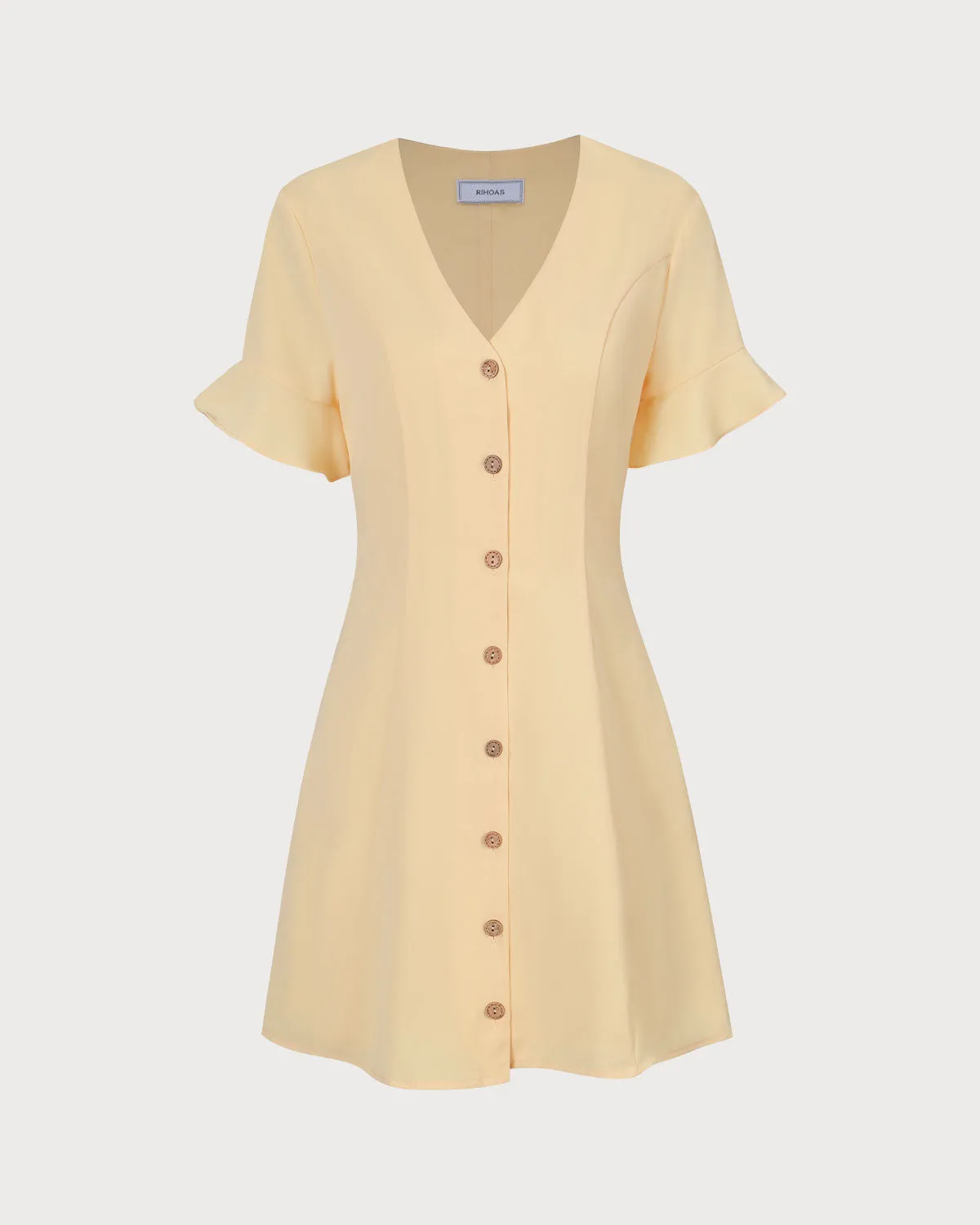 The Yellow V Neck Ruffle Button-up Mini Dress