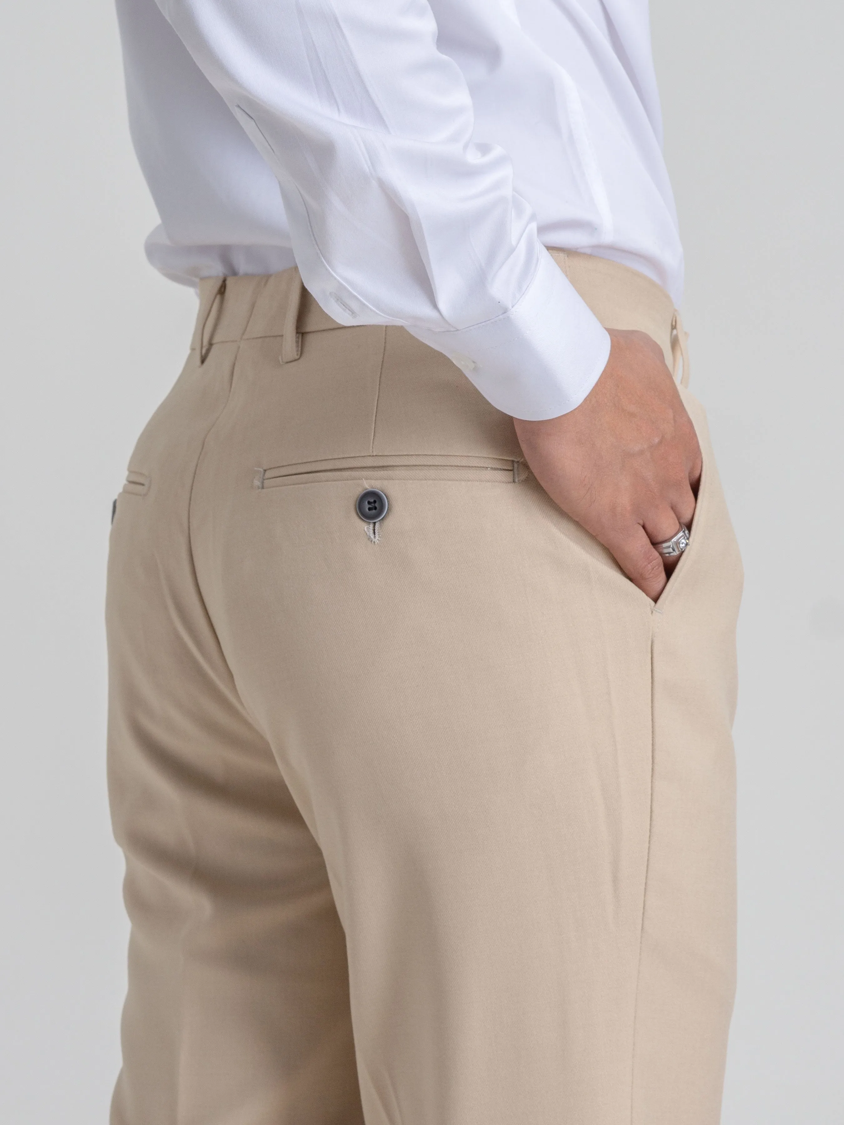 Trousers With Belt Loop - Beige Plain (Stretchable)