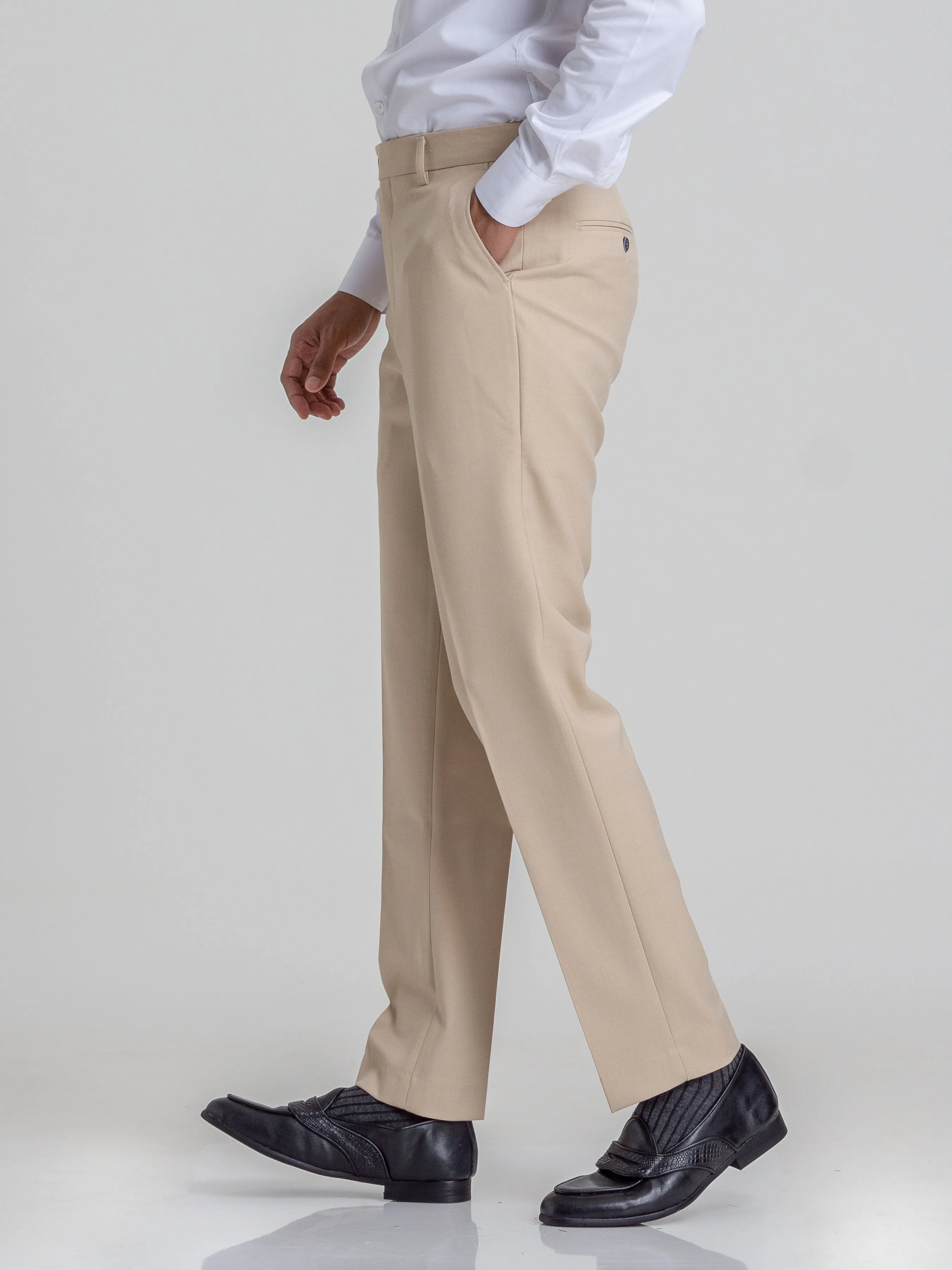 Trousers With Belt Loop - Beige Plain (Stretchable)