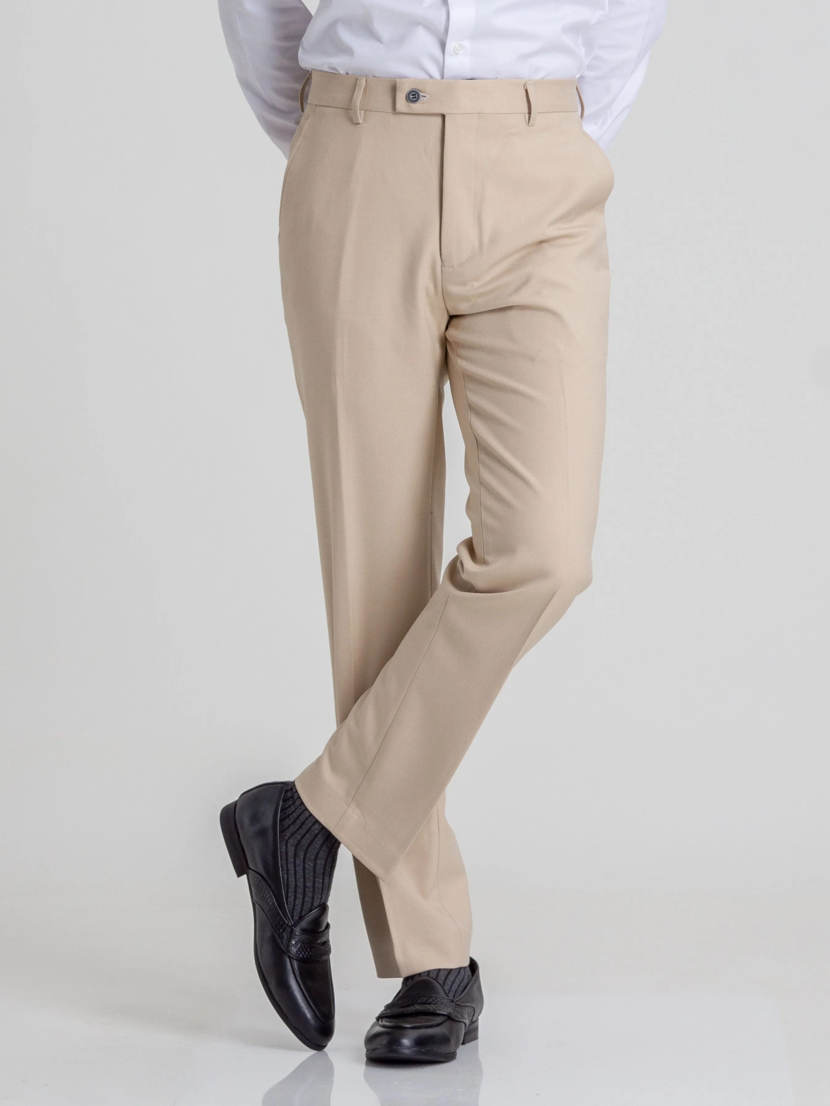 Trousers With Belt Loop - Beige Plain (Stretchable)