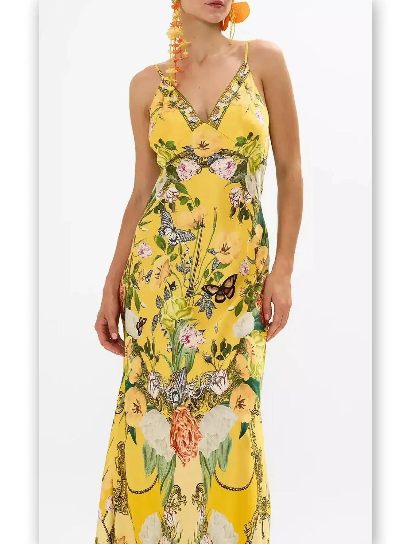 Women’s Bright Yellow Garden Printed Long Silk Slip Dress