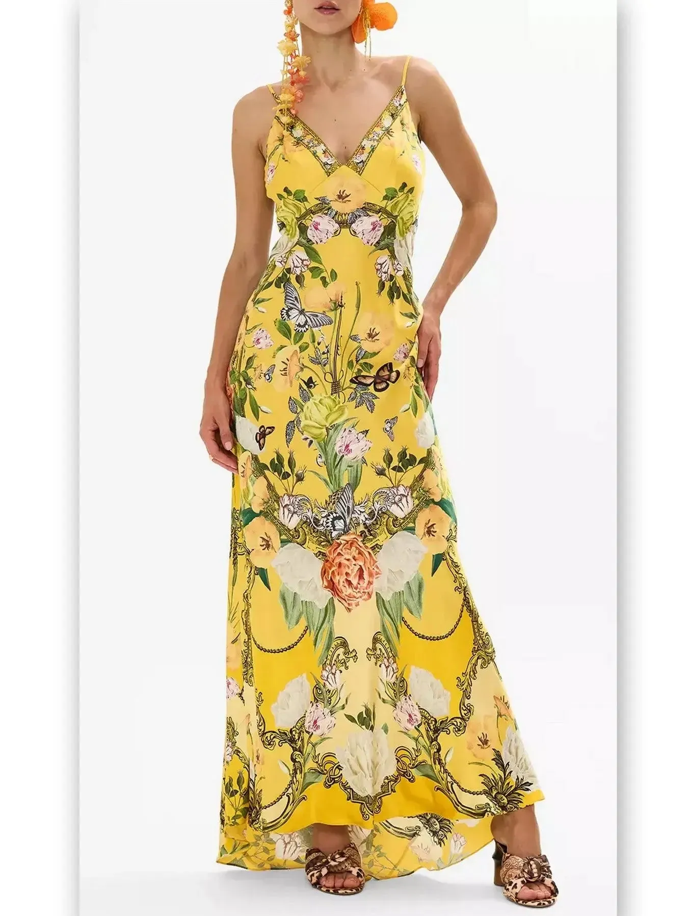 Women’s Bright Yellow Garden Printed Long Silk Slip Dress