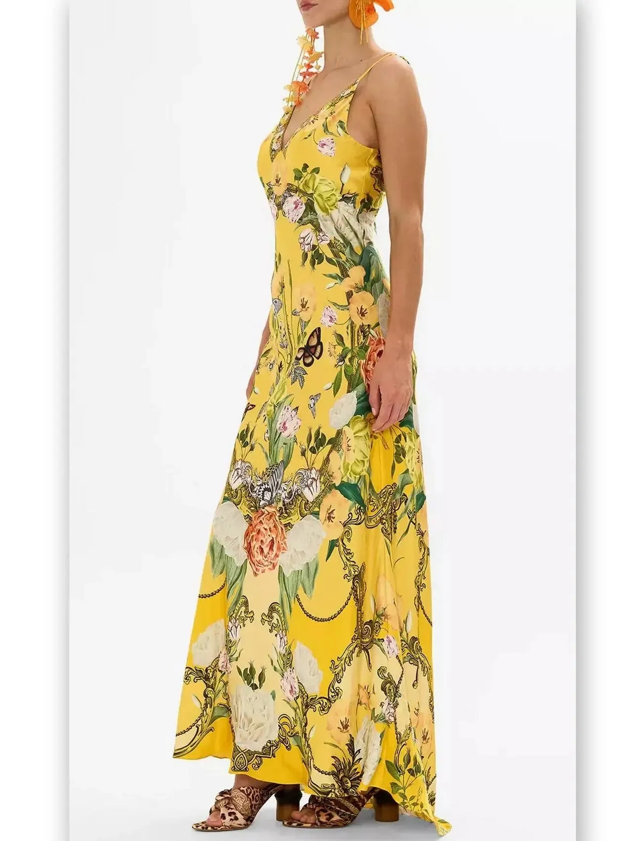 Women’s Bright Yellow Garden Printed Long Silk Slip Dress