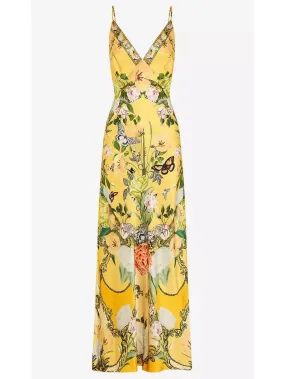 Women’s Bright Yellow Garden Printed Long Silk Slip Dress