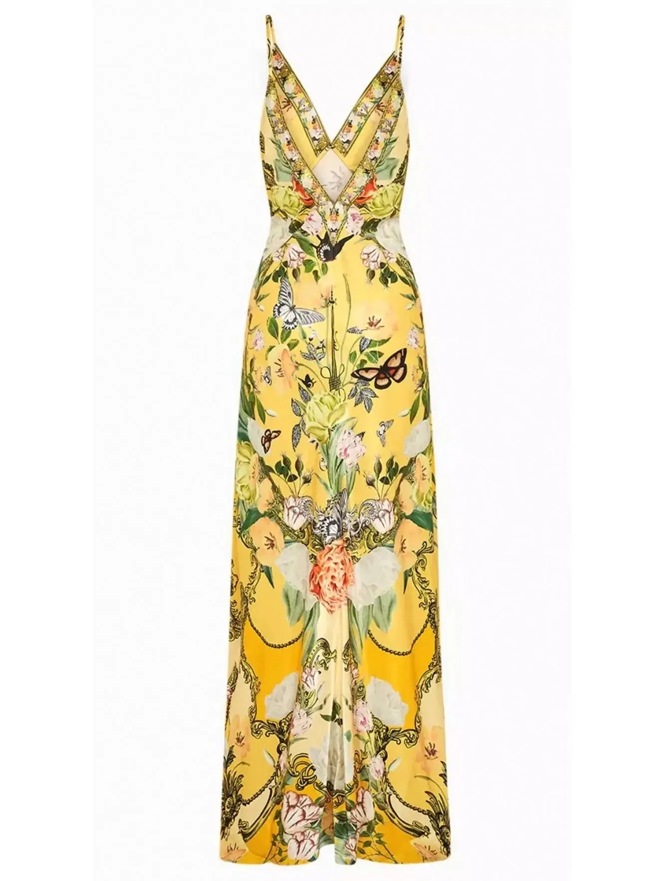 Women’s Bright Yellow Garden Printed Long Silk Slip Dress