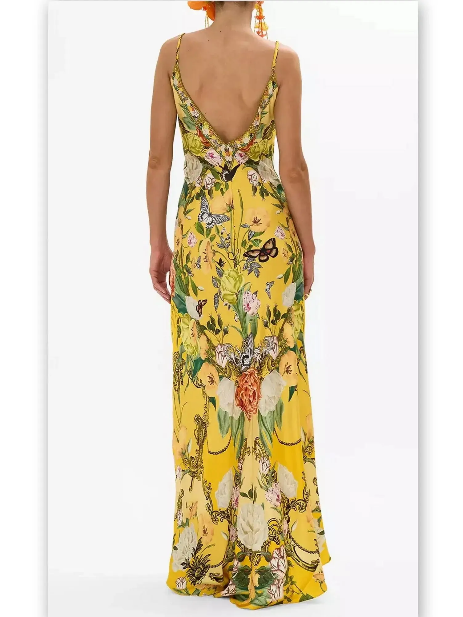 Women’s Bright Yellow Garden Printed Long Silk Slip Dress