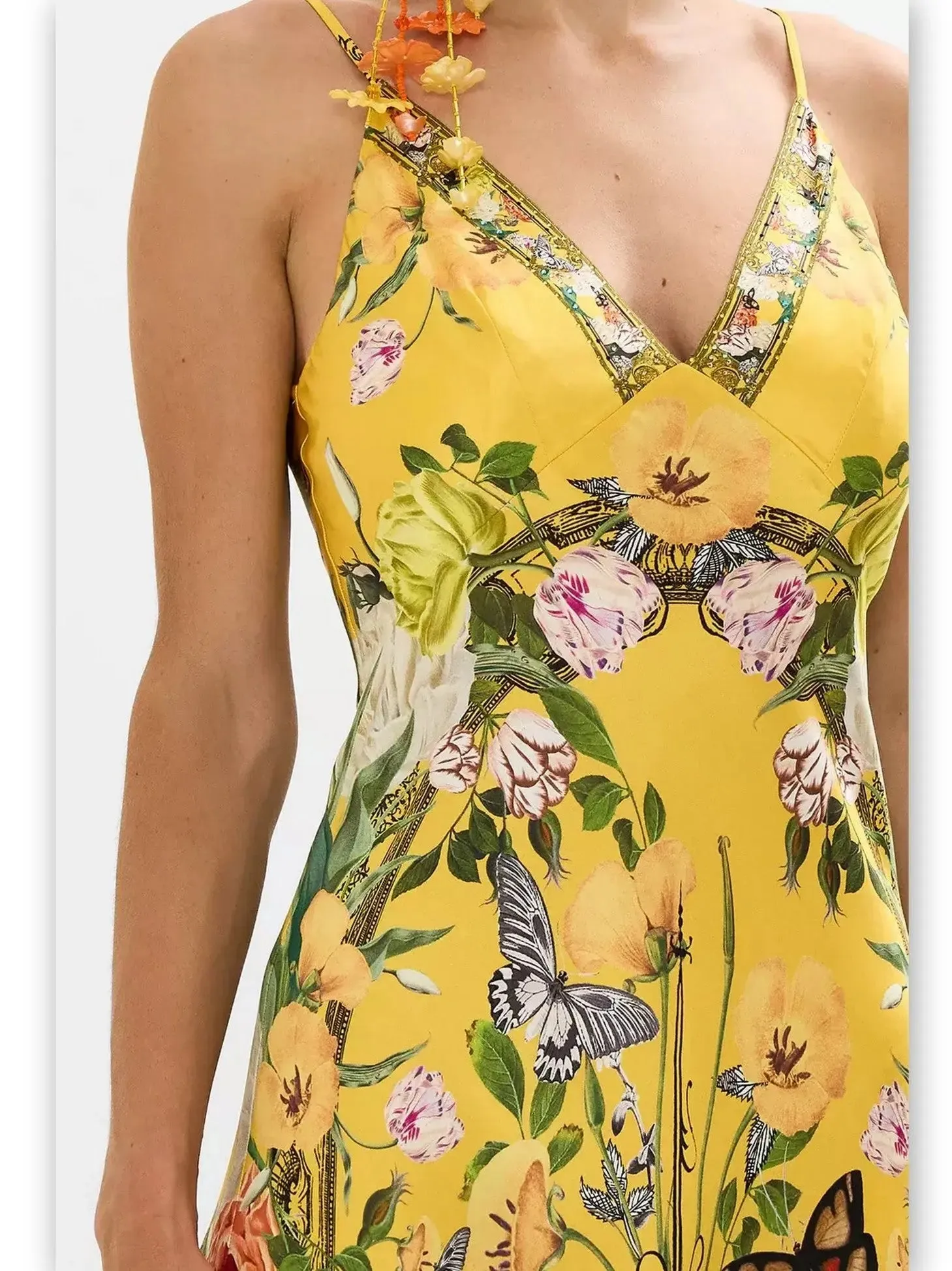 Women’s Bright Yellow Garden Printed Long Silk Slip Dress