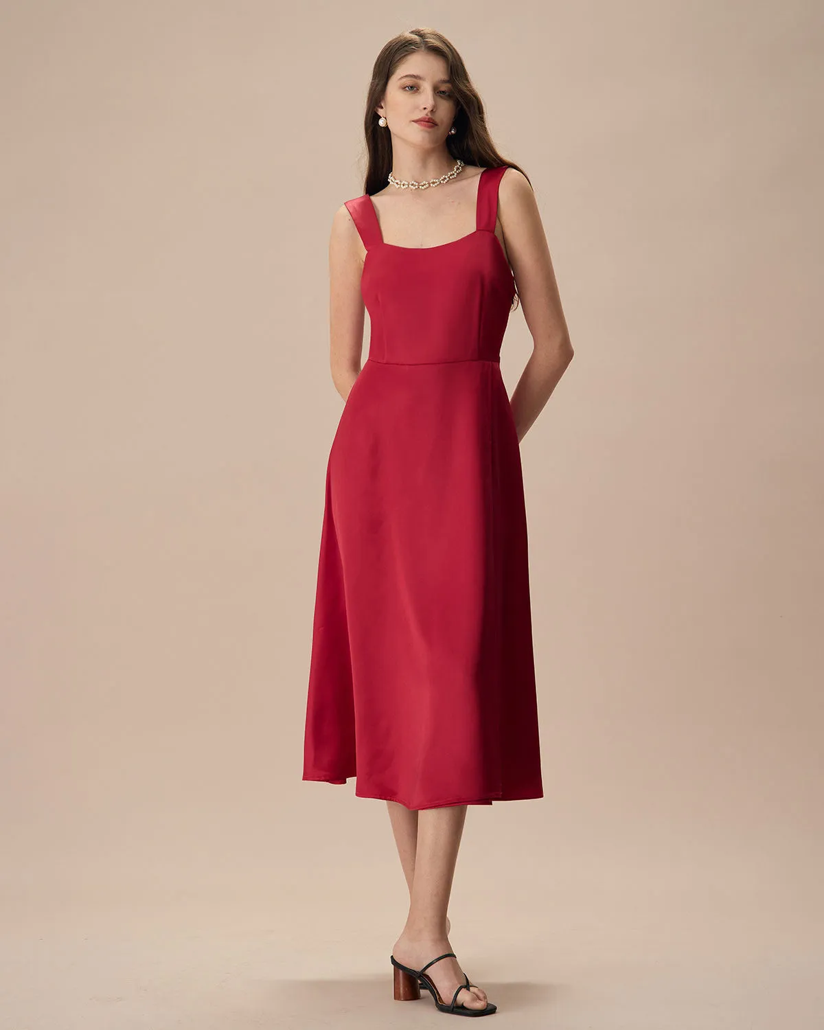 Women's Red Satin Slip Midi Dress