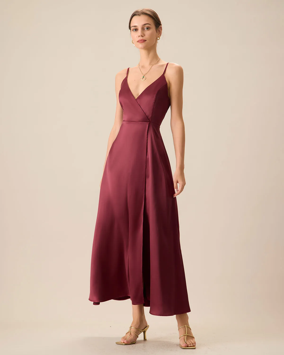 Women's Red Satin Slit Maxi Dress